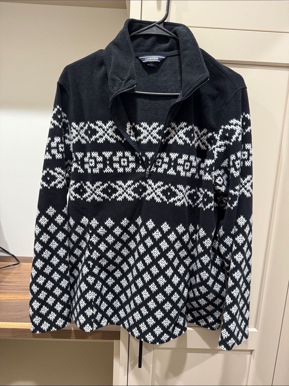 Lands' End Women's Black & White Fair Isle Zip-Up Sweater